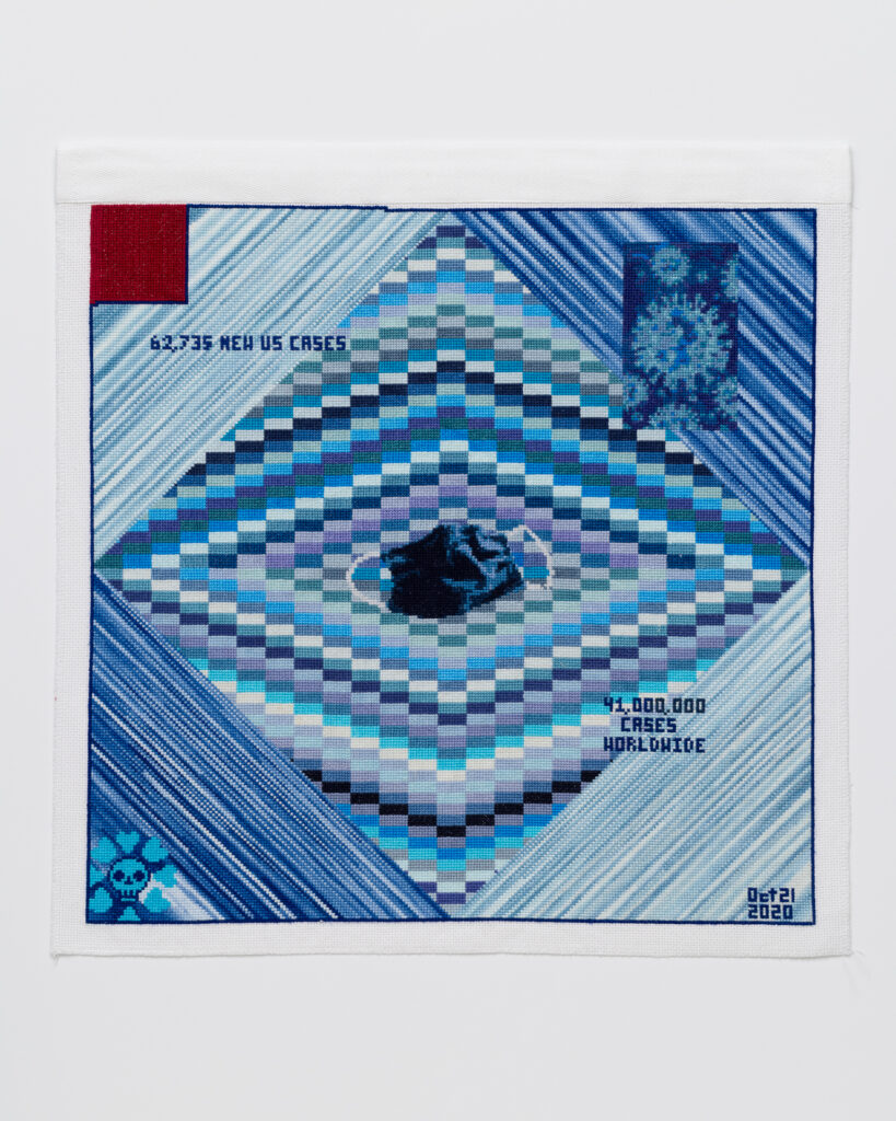 Cross stitch embroidery of random lines of blue in diamond shape. A dark blue face mask is in the middle. An image of the COVID virus is in the upper left. A skull and cross bones in the lower left cornee. 