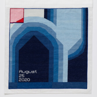 Cross stitch embroidery of abstsract blue shapes in varying colors. Dark arch shape on the left side outlined with lighter shades of blue. "August 25 2020" written in bottom left. Light pink square in top left.