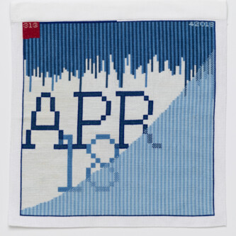 Photo by Wes Magyar Cross stitch embroidery of "APR 18" in large letters on dark, light, and very light blue striped abstract background. a red square is in the top left corner with "313" in pink. "42018" is in the top right.