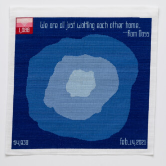 cross stitch embroidery of abstract blue splotches, with lightest blue in middle, two slightly darker, then dark blue background. There is a red square in the top left with three shades of pink with "1088" written. A heart is formed with beads over the top of the square. "We are all just walking each other home. -Rom Doss" is written across the top of the blue. "64,938" is in the bottom left corner and "feb 14, 2021" in the bottom right.