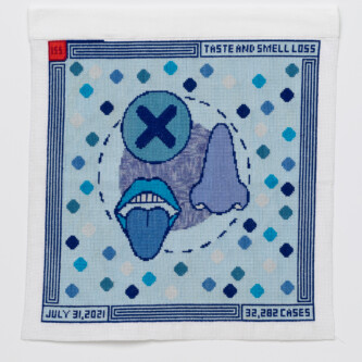 Cross stitch embroidery with a few circles in the middle. One circle has a dark blue "X" in it. A mouth with the tongue sticking out and a nose are stitched on top. The back ground is light blue with multicolored dots sprinkled around, with a darker blue striped border. There is a red square in the top left corner with "155" inside, "TASTE AND SMELL LOSS" is written in the top right corner. "JULY 31, 2021" is written in the bottom left corner. "32,282 CASES" is in the bottom right corner.