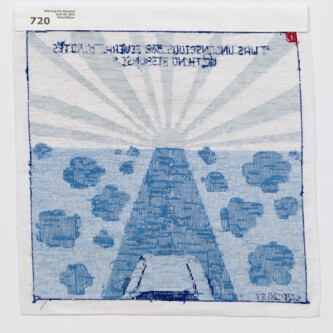 June 20, 2020 verso back side of stitching with different colors of blue thread. At the top left is a label with information about the piece.