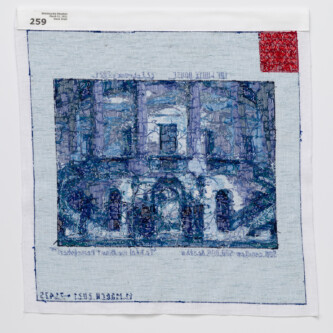 Reverse side of cross stitch from Mar 11, 2020. Information label in top left corner. Photo by Wes Magyar Reverse side of cross stitch from Mar 11, 2020. Information label in top left corner.