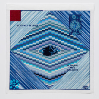 Cross stitch embroidery of random lines of blue in diamond shape. A dark blue face mask is in the middle. An image of the COVID virus is in the upper left. A skull and cross bones in the lower left cornee. "Oct 21, 2020" is in the lower right corner. There is a red square in the top left corner. "62,375 NEW US CASES" is in the upper left, "41,000,000 CASES WORLDWIDE" in the lower right.