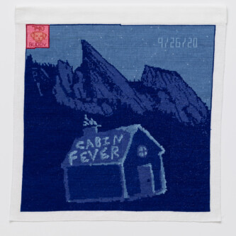 Photo by Wes Magyar Cross stitch embroidery of small cabin at night in front of mountains. "CABIN FEVER" is written on the roof. "9/26/2020" is written in the top right. There is a pink square with a red border and an image of a dog with "740" above and "BUDDY" below.