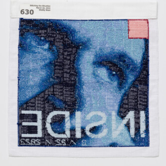 Reverse side of Mar 22, 2022 block. Photo by Wes Magyar Reverse side of stitching, with information label in top left corner
